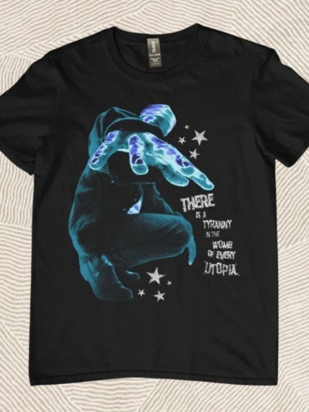 Gildan Black Graphic Tee with Teal & Purple Hand Utopia Design